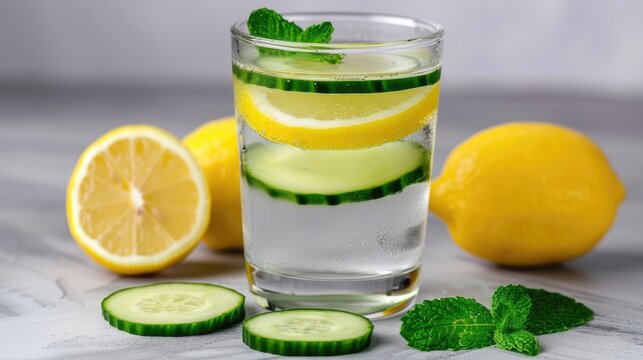 Vibrant glass filled with cool healthy cucumber and lemon water accompanied by fresh produce and mint sprigs perfect for hyd n and wellness