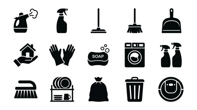 Black silhouette icons set of cleaning tools and supplies for janitorial and home use, including spray bottles, mops, brooms, bins, gloves, detergents and sponges