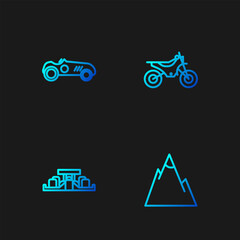 Fototapeta premium Set line Mountains, Formula 1 racing car, Vintage sport and bike. Gradient color icons. Vector