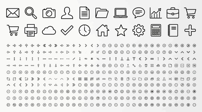 Extensive gray vector icon set in a toolbar featuring everyday symbols (envelope, clock, cart, user) with a subtle dotted background pattern