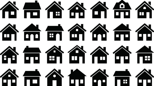 Seamless grid of black house icons for real estate, housing, and home design applications