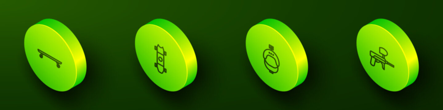 Set Isometric line Longboard or skateboard, , Helmet and action camera and Paintball gun icon. Vector