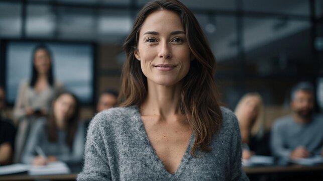 Professional woman in casual sweater smiling at camera with team in background. Leadership, confidence, and workplace teamwork concept.