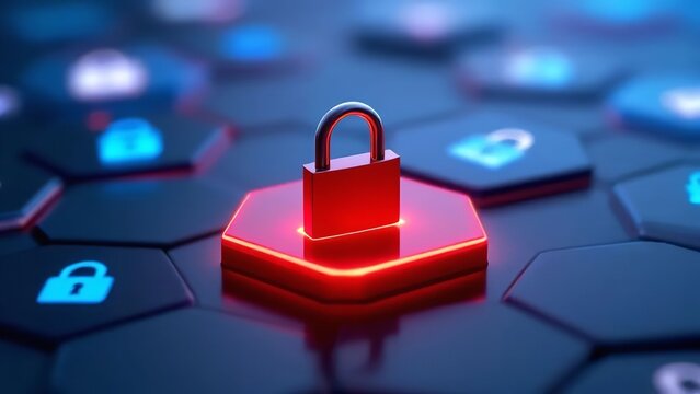 3d red padlock glowing on digital circuit cybersecurity data protection concept
