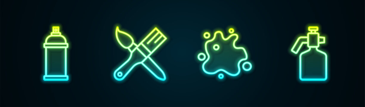 Set line Paint spray can, brush, and gun. Glowing neon icon. Vector