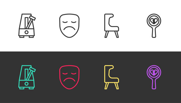 Set line Metronome with pendulum, Drama theatrical mask, Armchair and Broken heart or divorce on black and white. Vector