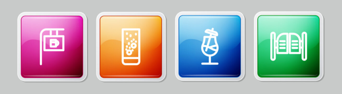 Set line Street signboard with Bar, Effervescent tablets in water, Cocktail and Saloon door. Colorful square button. Vector