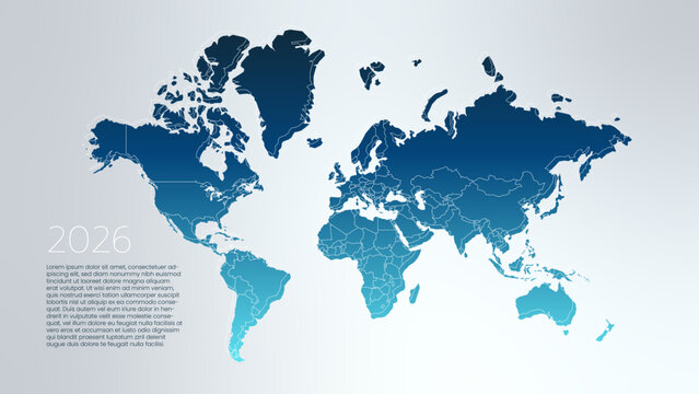 World Map with country borders. 2026 year sample text. Silver background. Vector for business, web design, page, cover, global presentation, report, media