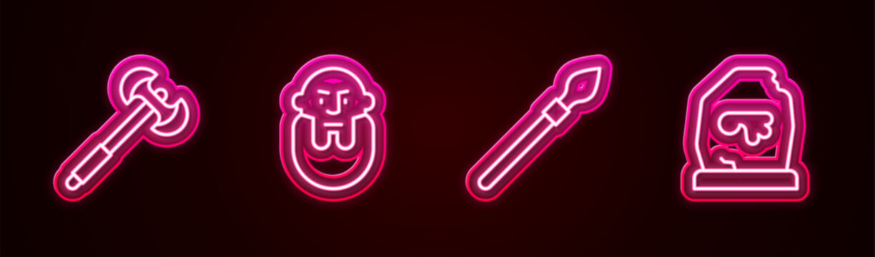 Set line Medieval poleaxe, Viking head, spear and Magic rune. Glowing neon icon. Vector
