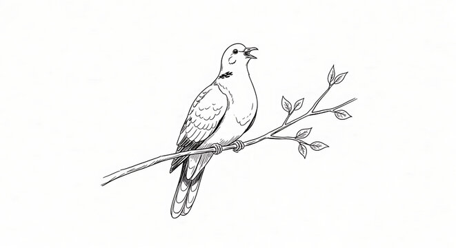A detailed black and white line of a mourning dove perched on a tree branch