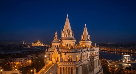 Fototapeta premium Nighttime cityscape of illuminated architecture with towering spires and bridge