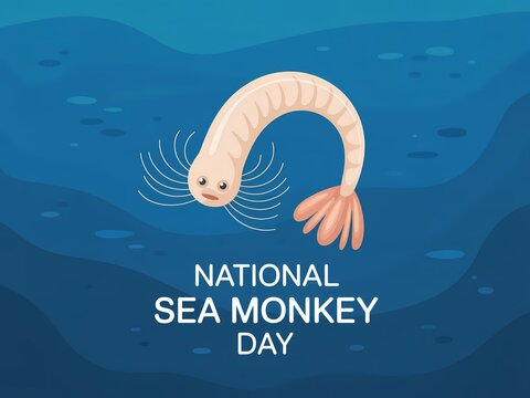 National sea monkey day illustration with cute brine shrimp character in deep blue ocean water background