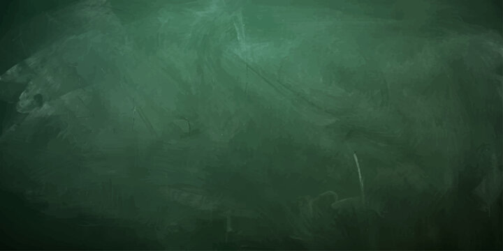 An empty vintage green chalkboard with a dark grunge texture and a faint smoke pattern on a blank wall backdrop