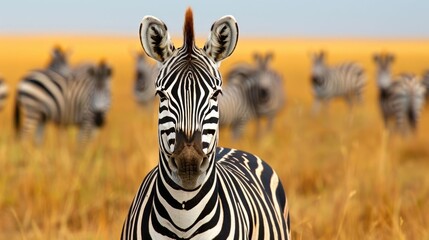 Obraz premium A detailed close up of a zebra s face showcasing its striking black and white stripes with a herd of other zebras visible in the soft focus background of an African savanna