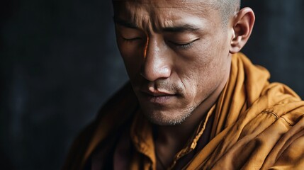 Fototapeta premium Peaceful man in yellow jacket with eyes closed. Mindfulness, mental wellness, and inner peace concept.