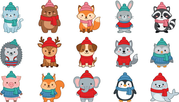 Kawaii Winter Animal Character Set Featuring Cute Animals in Scarves and Hats Including Bear, Fox, Penguin, Elephant, and More for Kids and Nursery Illustrations