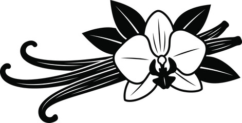 Obraz premium Vanilla flower with beans and leaves illustration Vector Geographical Indication product