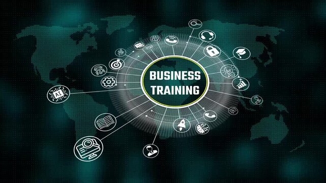 business training 3d illustration. Business, Technology, Internet and network concept. virtual screen of the future and sees the inscription. 4k video animation and world map
