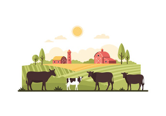 Fototapeta premium Cows standing in a green field with a farm and barn in the background at sunset