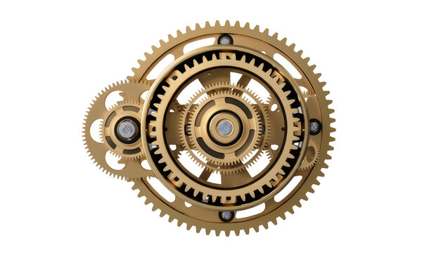 Intricate golden clockwork gears mechanism, isolated on transparent background