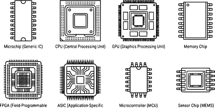 Chip Icon Set. Outline icon set of chip types: microchip, CPU, GPU, memory chip, FPGA, ASIC, microcontroller, sensor chip.