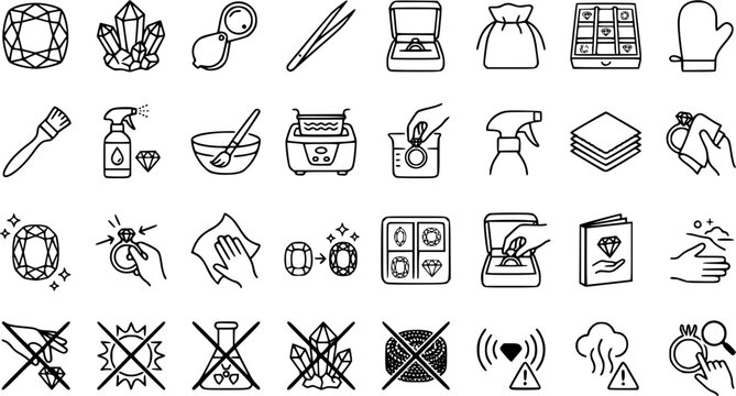 Garnet Care Icons. Outline icon set of garnet care and maintenance: jewelry cleaning, polishing cloth, jewelry box, gemstone, rings 