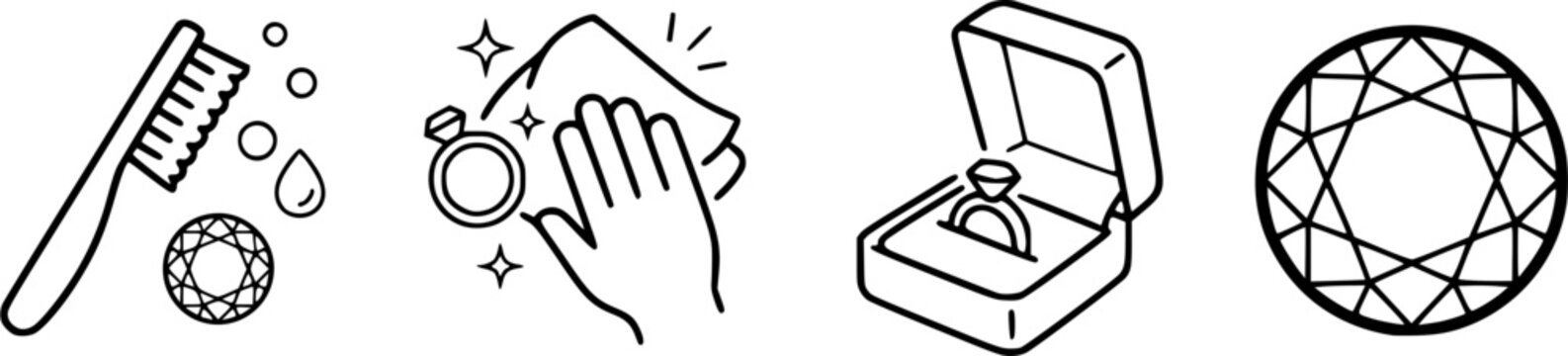 Garnet Care Icons. Outline icon set of garnet care and maintenance: jewelry cleaning, polishing cloth, jewelry box, gemstone, rings 