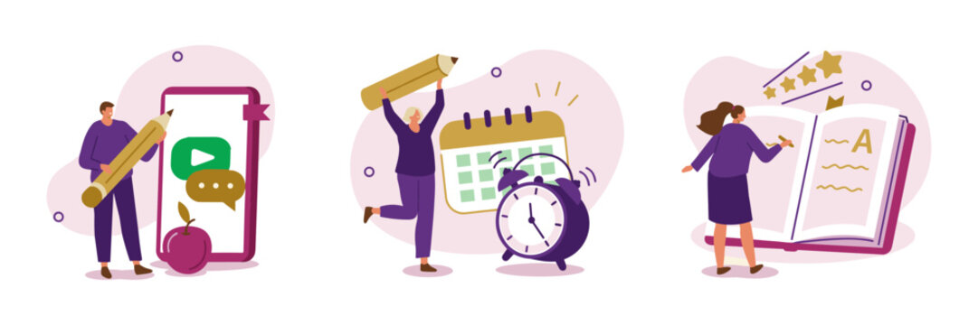 Set of three vector illustrations representing online learning education time management concepts with people interacting with digital devices calendars books e learning flat design education