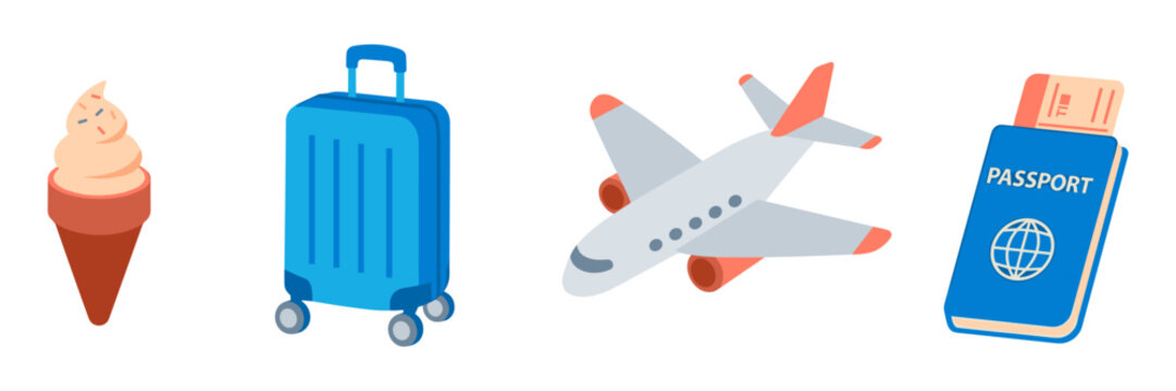 Collection of travel essentials including an ice cream cone a blue wheeled suitcase a small airplane passport with boarding passes boarding pass air travel suitcase airplane passport vacation