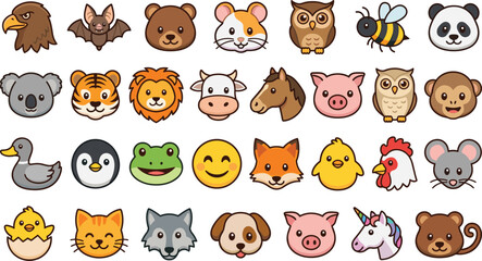 Fototapeta premium Cute Animal Face Set with Eagle, Bear, Owl, Lion, Frog, and More for Kids’ Illustrations and Character Design