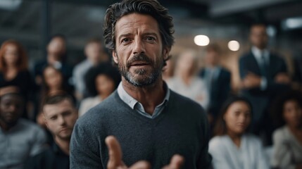 Fototapeta premium Mature businessman speaking to diverse crowd in modern office. Leadership, public speaking, team communication, and corporate vision concept.