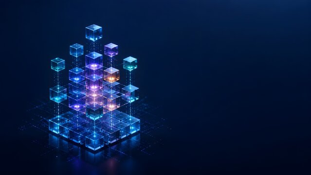 Abstract digital data network concept. Glowing transparent cubes forming a block structure representing blockchain technology and cloud computing.
