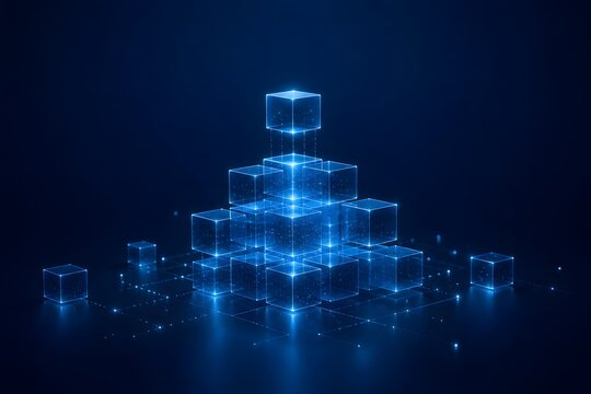 Futuristic digital data block structure. Glowing blue transparent cubes stacked in a pyramid representing blockchain hierarchy and database network.