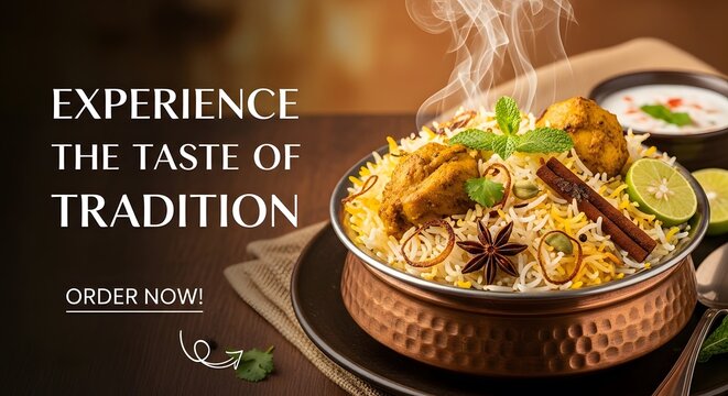 traditional biryani dish with steam rising in rustic kitchen setting for food marketing