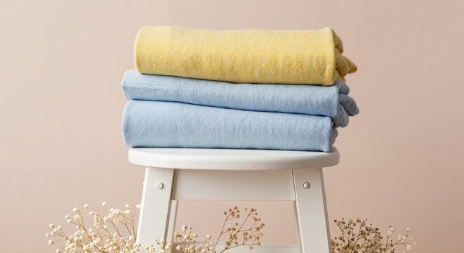 Three colorful towels stacked on a white stool with flowers  