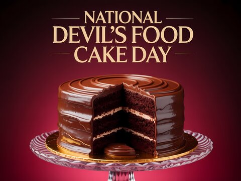 Delicious chocolate devils food cake on a glass cake stand against a dark red background for national devils food cake day