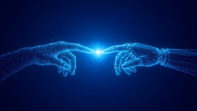 Digital particle human and robot hands touching fingers with glowing light. Artificial intelligence connection and futuristic human machine interaction concept.
