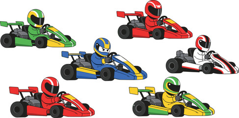 Collection of colorful go kart racing vehicles with drivers, fast motorsport competition karts isolated on white background, dynamic speed racing vector illustration set © MstGulzan