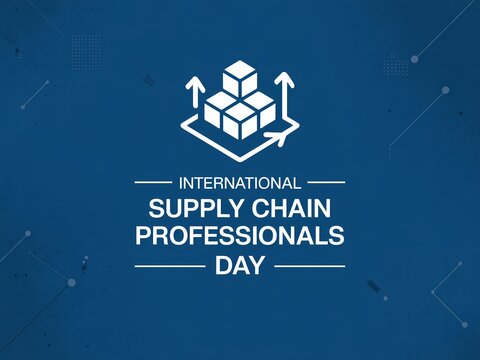 International supply chain professionals day celebration graphic with logistics and distribution icon on blue background