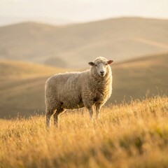 Naklejka premium Sheep standing in golden dry grass field during sunset with rolling hills background