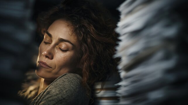 Stressed woman overwhelmed by stack of paperwork and documents. Workplace burnout, work overload, and office stress concept.