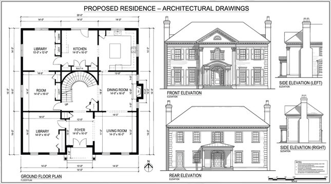 Proposed Residence Architectural Drawings with Floor Plan, Front, Rear, and Side Elevations for Construction and Interior Design Projects
