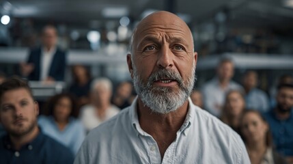 Fototapeta premium Mature bearded man speaking to diverse crowd in modern office. Leadership, public speaking, team communication, and business presentation concept.