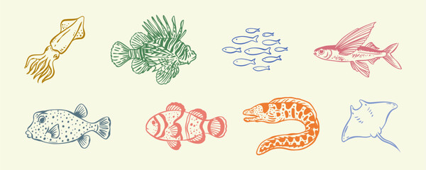 Ocean life and sea creatures icon set. Trendy hand-drawn line art of fish, squid, stingray, and coral reef inhabitants. Perfect for seafood menus, aquarium branding, and summer designs. © Olena Hnatiuk