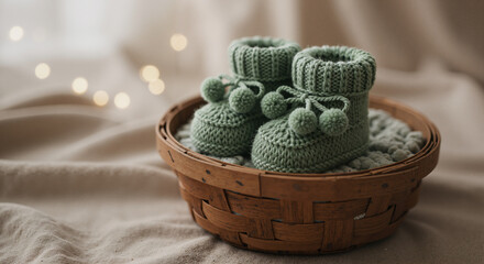 Obraz premium Baby booties in a woven basket with soft fabric background 