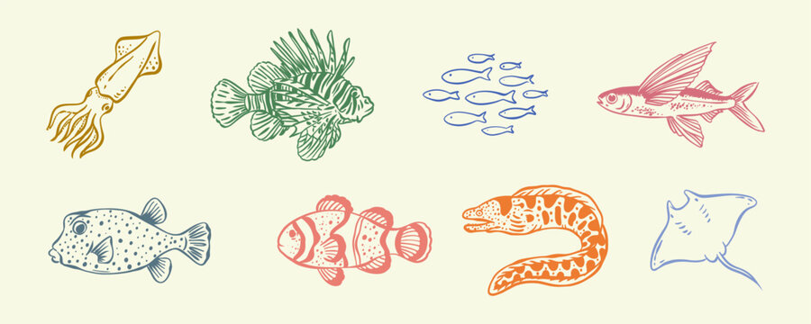 Ocean life and sea creatures icon set. Trendy hand-drawn line art of fish, squid, stingray, and coral reef inhabitants. Perfect for seafood menus, aquarium branding, and summer designs.