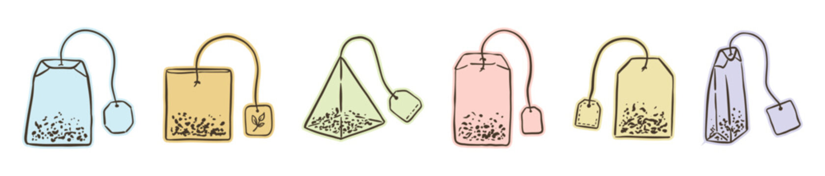 Colorful tea bags hand-drawn doodle set. Isolated sketch icons of various tea bag shapes in pastel colors. Minimalist flat vector illustration for organic herbal tea packaging and cafe menu.