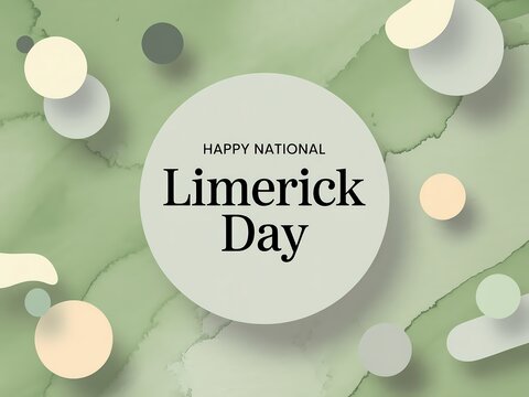 Happy national limerick day greeting card with abstract green background and geometric shapes