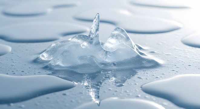 Close-up of a melting ice formation with a dynamic liquify background and water droplets on a cool surface