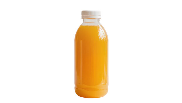 Clear plastic bottle filled with bright orange juice, isolated on transparent background